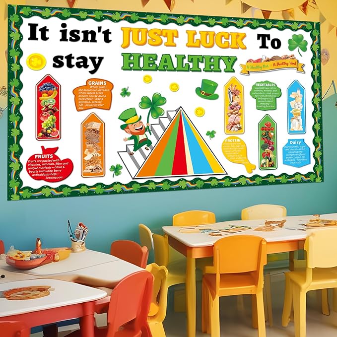 56pcs St. Patrick's Day Bulletin Board Decorations Nutrition and Health Theme Bulletin Board Green Lucky Shamrock Healthy Notes Cutouts for Irish Holiday Home Classroom School Chalkboard Wall Decor