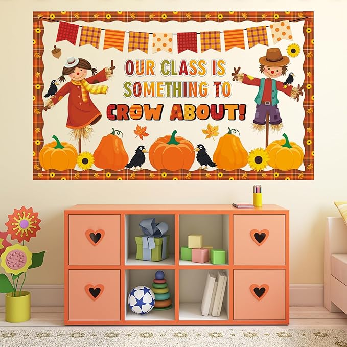 Fall Bulletin Board Decorations Set Scarecrow Crow Classroom Decor Pumpkin Maple Leaf Paper Cutouts for Thanksgiving Autumn Party Motivational September School Classroom Chalkboard Wall Supplies Favor