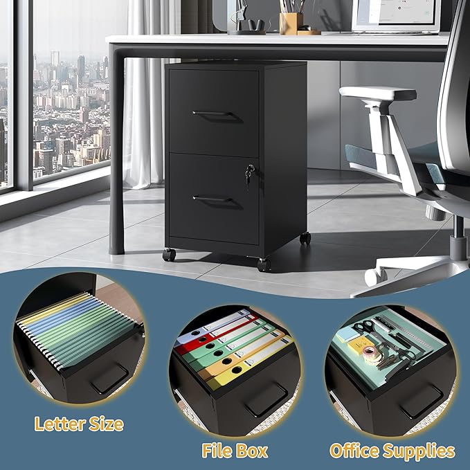 2 Drawer File Cabinet on Wheels,Mobile Filing Cabinets with Lock,Metal Storage Cabinet,Vertical Filing Cabinets for Home Office,Rolling File Cabinet for Under Desk,Amssebly Required, Black