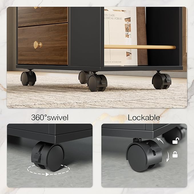 3 Drawer Mobile File Cabinet, Wood Rolling Filing Cabinet with Lockable Wheels, Utility Cart with Open Storage Shelves Home Office Fits A4/Legal, 19.7" x 11.8" x 26.3", Black Walnut