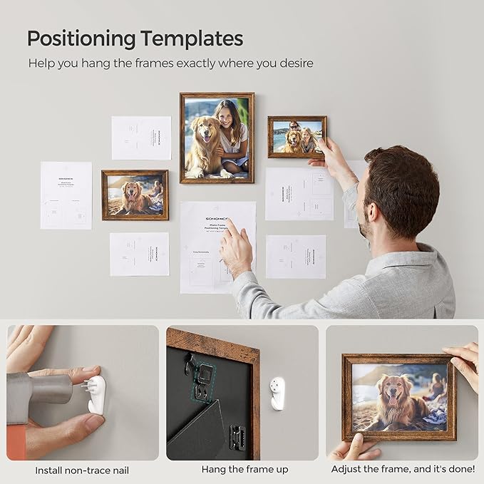 SONGMICS Picture Frames with 16 Mats, Set of 10 Collage Photo Frames, Two 8x10, Four 5x7, Four 4x6 Frames, Hanging or Table Display, Glass, 12 Non-Trace Nails, Rustic Brown URPF049X01