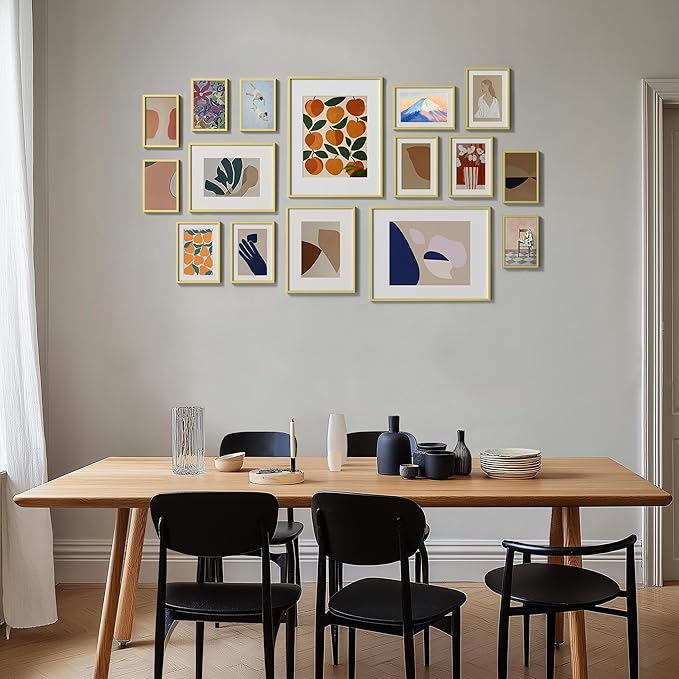 eletecpro Aluminum Gallery Wall Frame Set of 16, Including 2Pcs 11x14, 2Pcs 8x10, 6Pcs 5x7, 6Pcs 4x6 Photo Frames for Wall or Tabletop Display, Multiple Sizes Picture Frames Collage Wall Decor, Gold