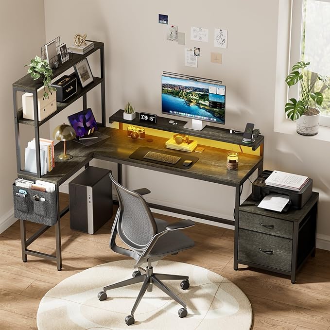 REAHOME 70 Inch L Shaped Desk with File Drawers and Reversible Storage Shelves, Computer Desk with Power Outlet & LED Strip, Home Office Desks, Bookshelf Desk, Writing Study Desk for Bedroom, Grey Oak