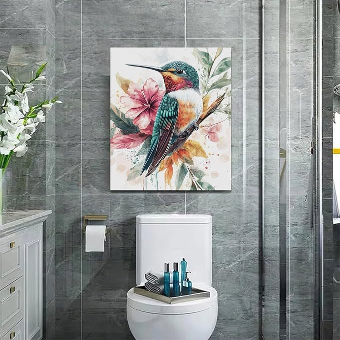 Watercolor Hummingbird Wall Art Country Flower Bird Pictures Wall Decor Colorful Canvas Painting Modern Home Artwork Decorations for Bathroom Bedroom Living Room Office Framed 20"x24"