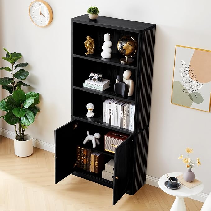 70" Tall Bookshelf, 5 Tier Large Wood Bookcase with Doors, Modern Floor Standing Bookshelves and Bookcases, Open Display Shelves with Storage Cabinet for Living Room, Bedroom, Classroom, Office, Black