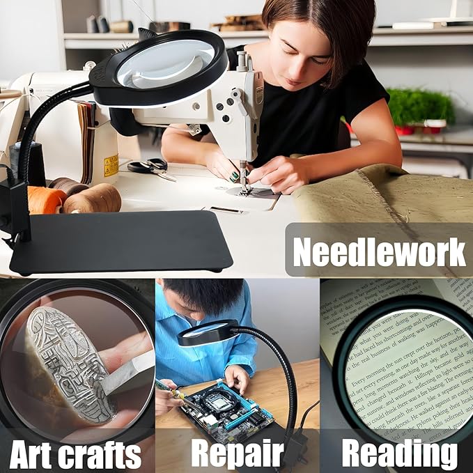 10X Magnifying Glass with Light and Stand,Dimmable Flexible Magnifying Craft Ligh, LED Lighted Magnifier Hands Free for Close Work Craft Reading Painting Hobby (Black-04)