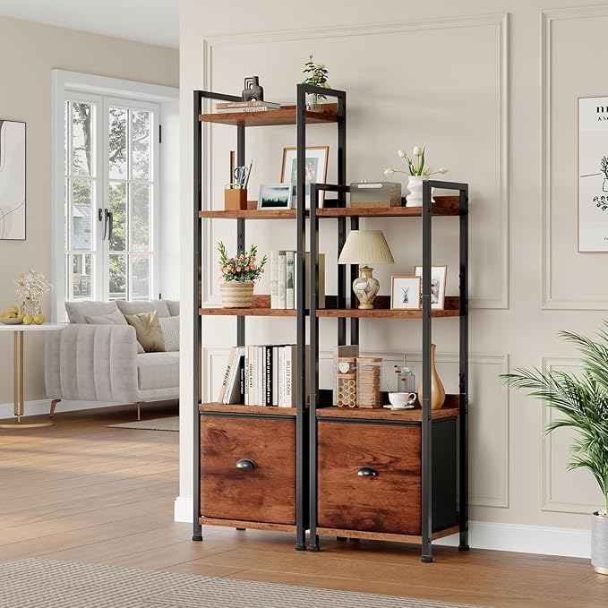 DUMOS 5 Tier Bookshelf, Bookcase with Fabric Drawer, Multi-Functional Display Standing Shelf for CDs/Books/Movies, Wood and Metal Storage Organizer in Bedroom, Living Room and Closet, Rustic Brown