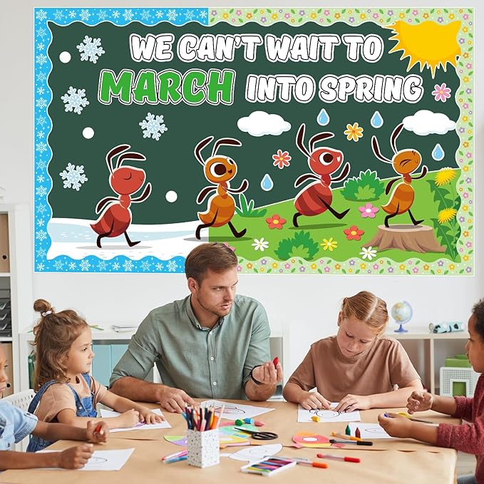 Spring Ant Bulletin Board Set March into Spring Classroom Decoration Colorful Flowers Ant Bulletin Board Springs Ants Paper Cutouts for Back to School Classroom Chalkboard Wall Decor