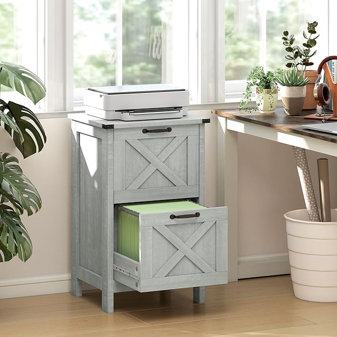 HOMCOM 2 Drawer Vertical File Cabinet with Silent Slides, Rustic Farmhouse Filing Cabinet with Barn Doors for A4/Letter Size, Printer Stand with Storage for Home Office, Distressed Light Gray