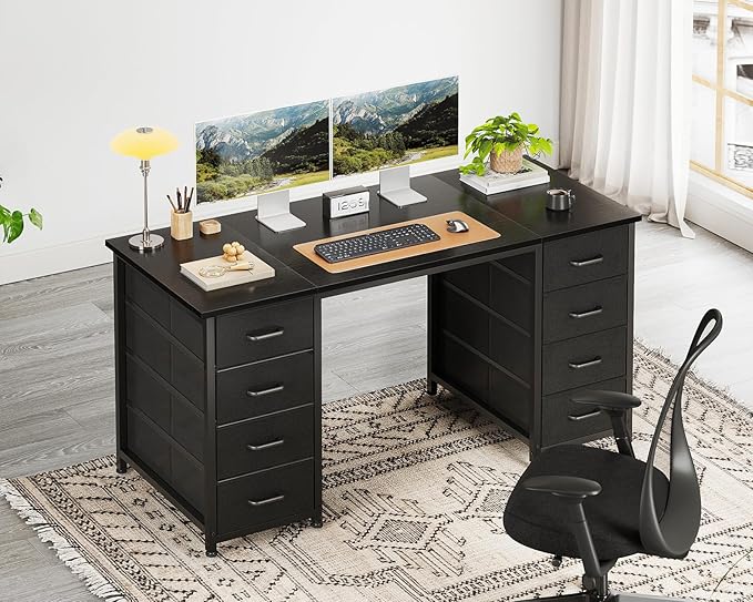 ODK 48 Inch Computer Desk with 8 Fabric Drawers, Modern Office Desk with Large Storage for Home Office, Study, Gaming, Black