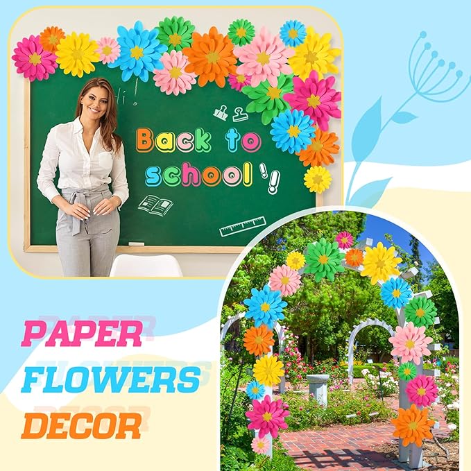 18 Pcs Paper Flowers Decor for Wall DIY Flower Bulletin Board 3D Spring Fiesta Mexican Paper Floral Decoration for Photo Backdrop Classroom Back to School Party(Rounded Star,Rainbow)