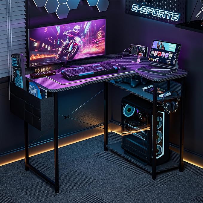 L Shaped Gaming Desk 55 Inch - Computer Corner Desk with Power Outlets, Reversible Shelves & Storage Bag for Home Office, PC Gaming Table, Black Carbon