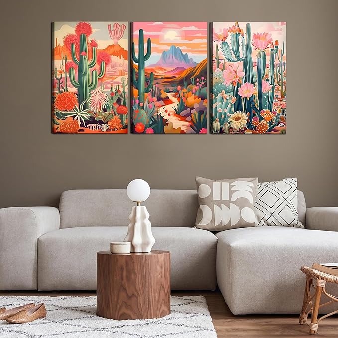 Framed Cactus Canvas Wall Art Green Pink Orange Plant Floral Wall decoration pictures Colorful Southwestern Rustic Painting Desert Landscape Poster Prints for Living Room Bathroom Bedroom 12inx16in