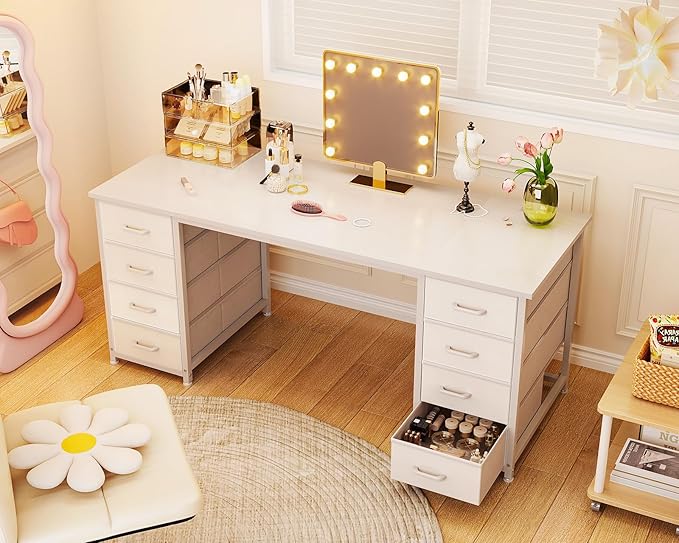 ODK 55 Inch Vanity Desk with 8 Fabric Drawers, Modern Makeup Desk for Bedroom & Dressing Room with Large Storage, Ideal for Home Office, Study.Pure White.