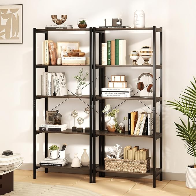 Giantex Industrial 5-Tier Wood Bookshelf - 63.5’’ Tall Open Storage Organizer Shelves with Anti-Tipping Device and Foot Pads, Steel Frame Bookcase Display Rack for Living Room, Bedroom, Office, Grey