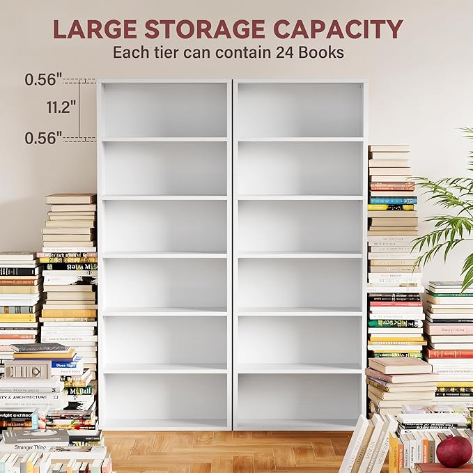 YESHOMY Industrial 6 Tier Bookcase, 71" Tall White Bookshelves Open Frame, Basic Floor Standing Bookcases & Bookshelf for Home Office, Living Room, Bed Room