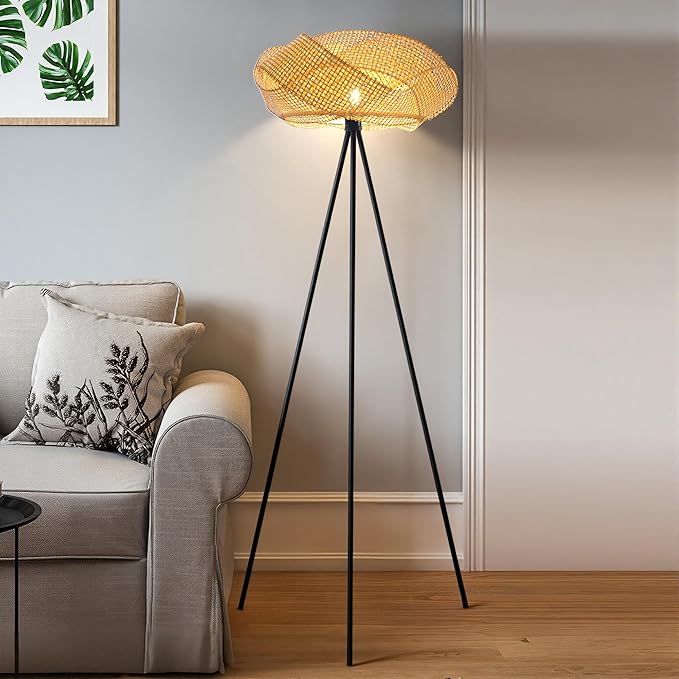 Bamboo Tripod Floor Lamp, Handwoven Lotus Shade Standing Lamp, Boho Natural Woven Light with Black Metal Stand for Living Room Bedroom,Nature