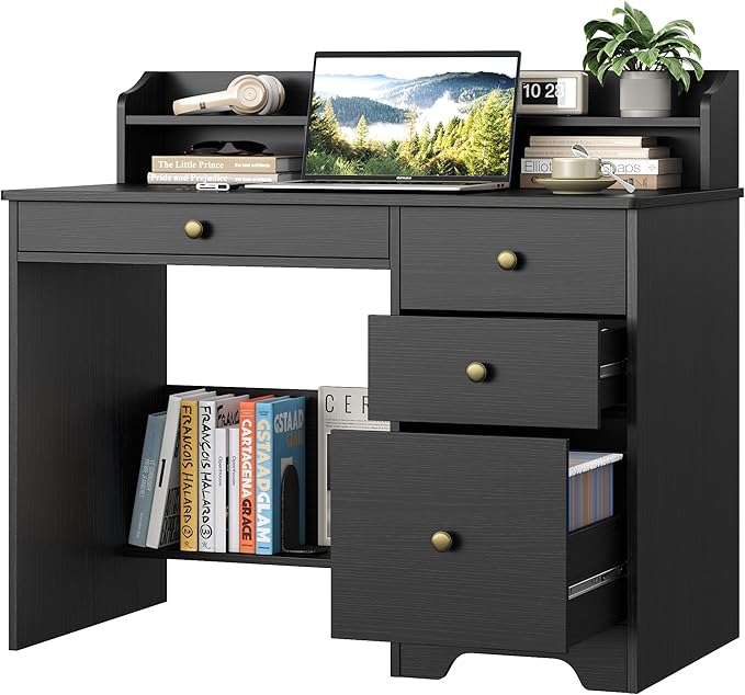TTVIEW Computer Desk with Drawers and Hutch Shelf, Wood Executive Desk Writing Study Table with 43” Wide Tabletop, Small Desk with File Drawer for Home Office Bedroom, Black