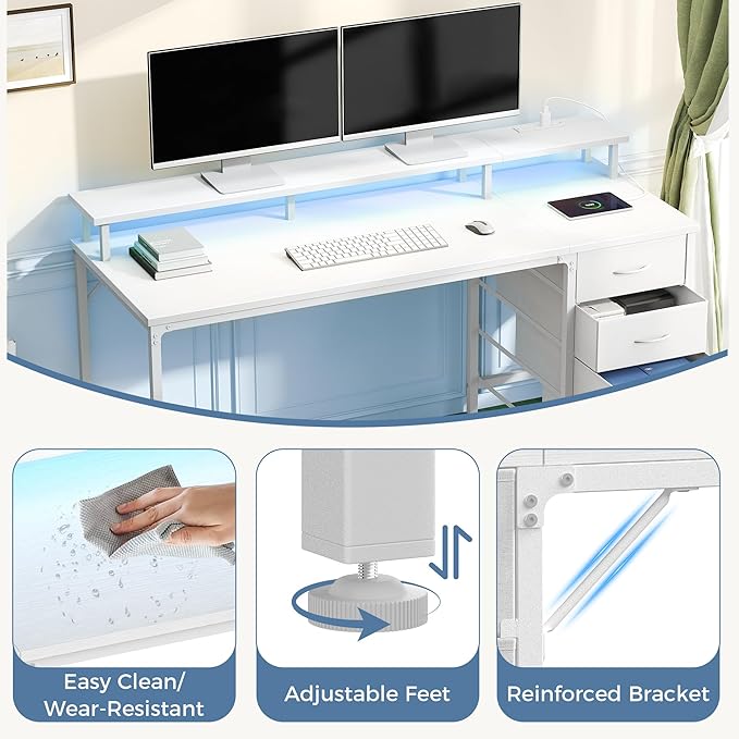 DUMOS Computer Desk with 4 Drawers,4 Drawer Gaming Desk with with Power Outlets and LED Lights,Office Desk for Small Spaces with Monitor Shelf,Writing Desk for Home Office, Bedroom,Study 39 Inch White