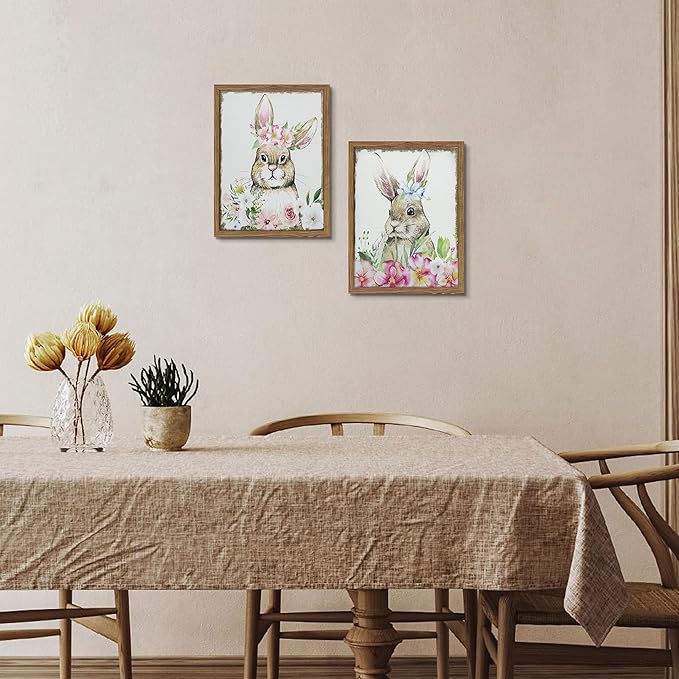 Framed Vintage Easter Wall Art Decor, Easter Bunny Picture Wall Decorations Set of 2, Spring Rustic Rabbit Poster Prints Painting for Kids Room Living Room Bedroom 12x16 Inch