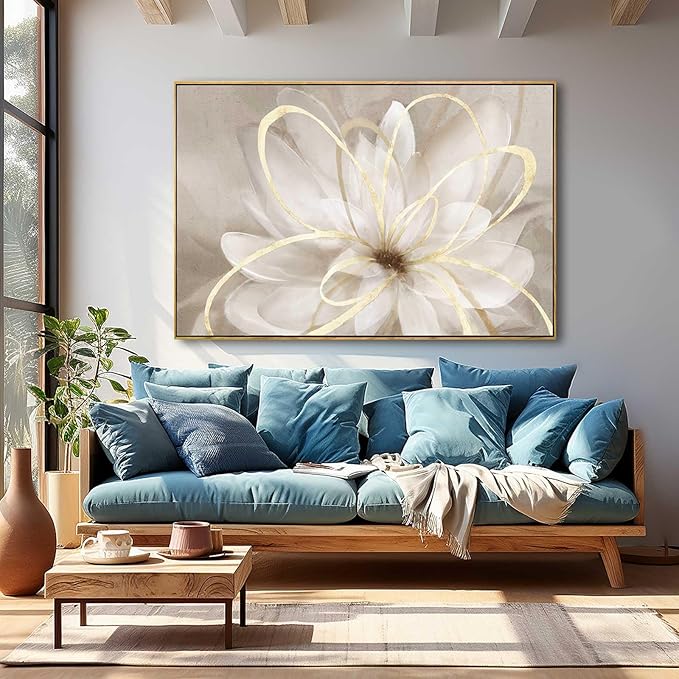 SOUGUAN Flower Wall Art for Living Room 32x48 Inch Gold Large Artwork Painting for Bedroom Kitchen Home Office Room Decore