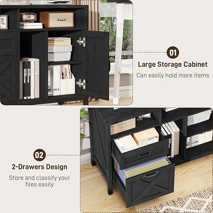 Farmhouse File Cabinet with Doors, Lateral Filing Cabinet with 2 Drawers for Letter/A4 Size Hanging Files, Large Wooden Printer Stand with Open Shelf for Home Office, Rustic Black
