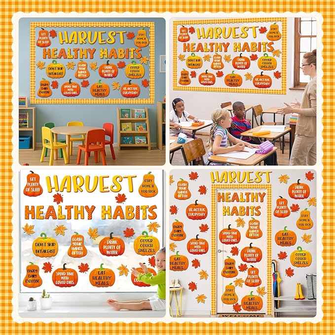 Fall Pumpkin Healthy Bulletin Board Decorations Autumn Pumpkin Health Theme Paper Cutouts Fall Healthy Habits Bulletin Board Border Set for School Chalkboard Wall Decor Supplies
