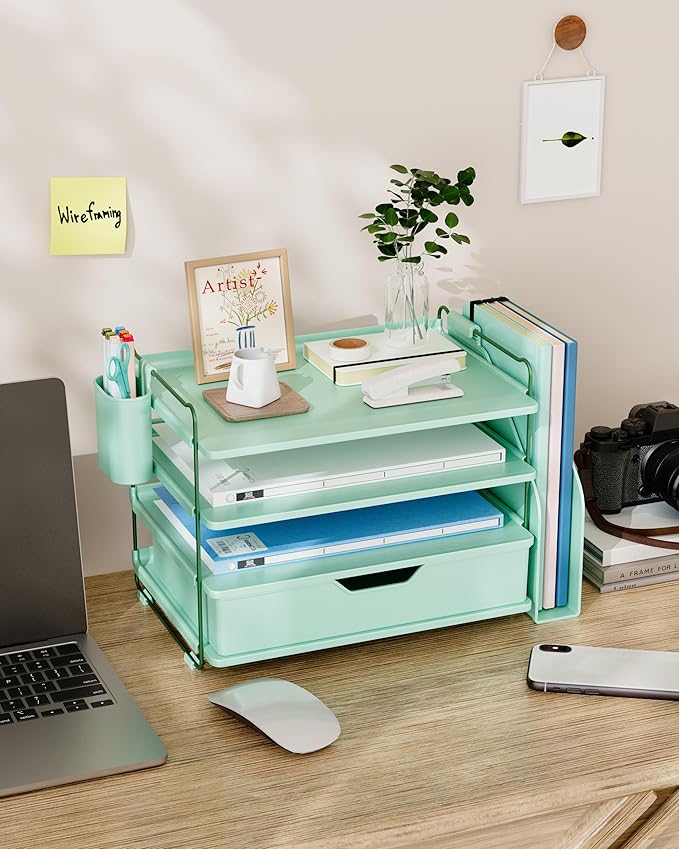 Kitsure Desk Organizer - 4-Tier Office Desk Accessories with Drawer & Pen Holder, Tool-Free Assembly Organizer with Non-Slip Pads, for Office Supplies Storage, Plastic, 13.3" x 8.0" x 10.8", Green