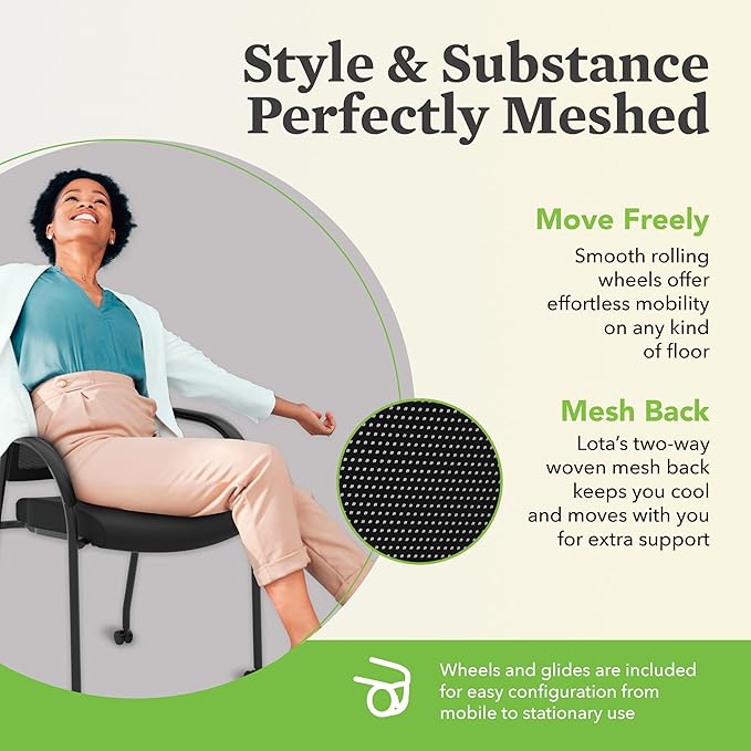 HON Lota Office Chair, Black Guest Seat with Arms and Casters, Mesh Back, Fabric | for Lobby, Guests, and Offices