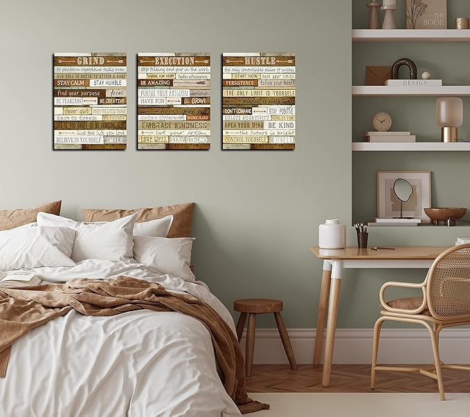 CGXART Motivational Wall-Decor - Brown Inspirational Posters - 3 Piece Canvas Wall Art For Bedroom Ready To Hang Size 12" x 16"