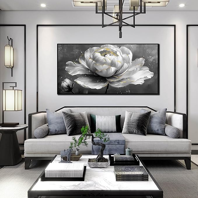 Floral Wall Art Black Framed Wall Paintings White Pictures Large Wall Decorations for Girl Women Room 29"x59"