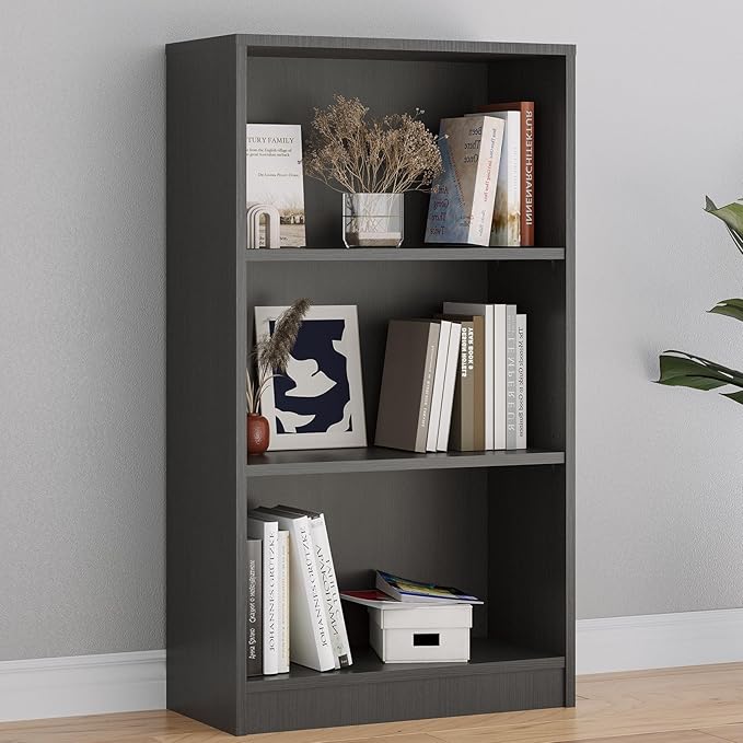Bookcase Adjustable Storage Shelves,44.1-Inch Bookshelf,3-Tier Modern Wood Bookcase for Bedroom, Office, Living Room & Library(Grey)