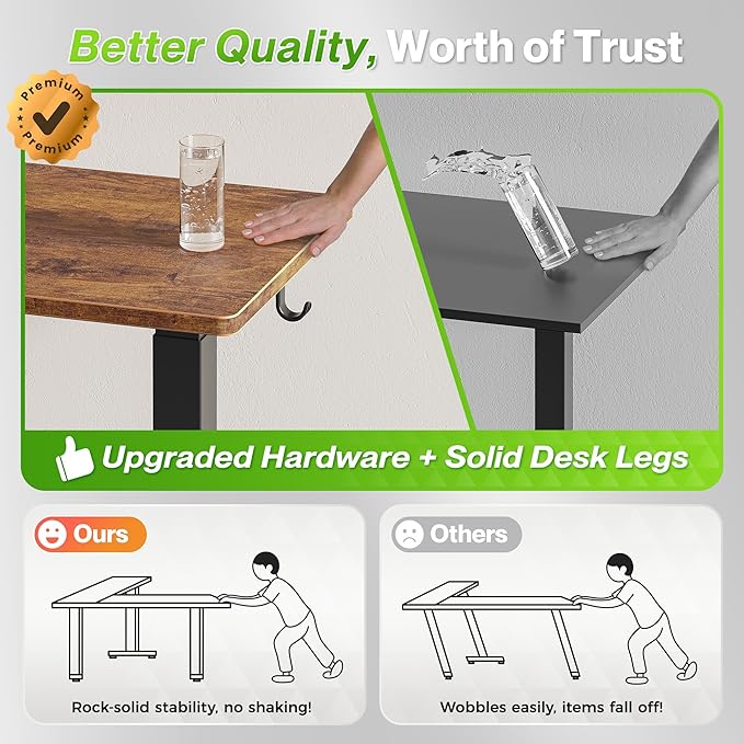 Huuger L Shaped Standing Desk with Power Outlets, 63 x 55 Inch Height Adjustable Computer Desk for Bedroom, Corner Stand up Desk for Home and Office, Work and Study, Rustic Brown