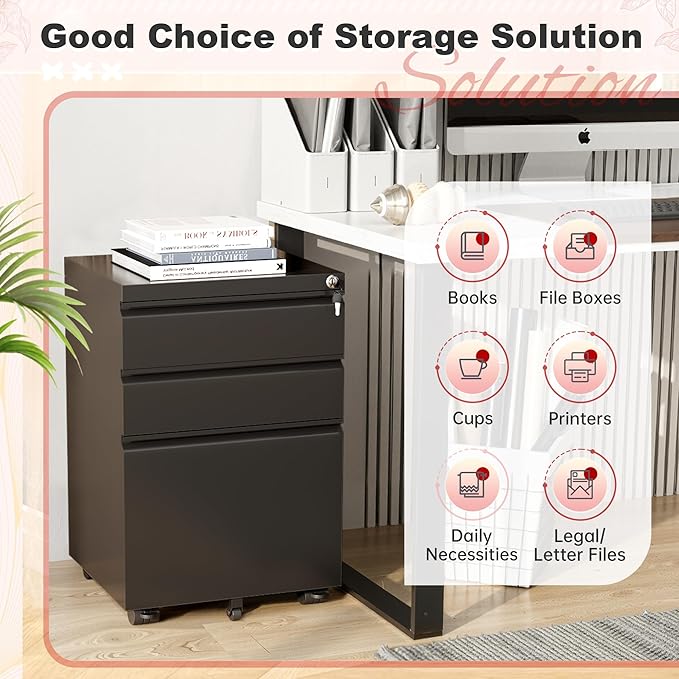 Superday Black File Cabinet 3 Drawer, Fully Assemble Metal Rolling Vertical Filing Cabinet with Wheels, Small Under Desk File Cabinets for Home Office