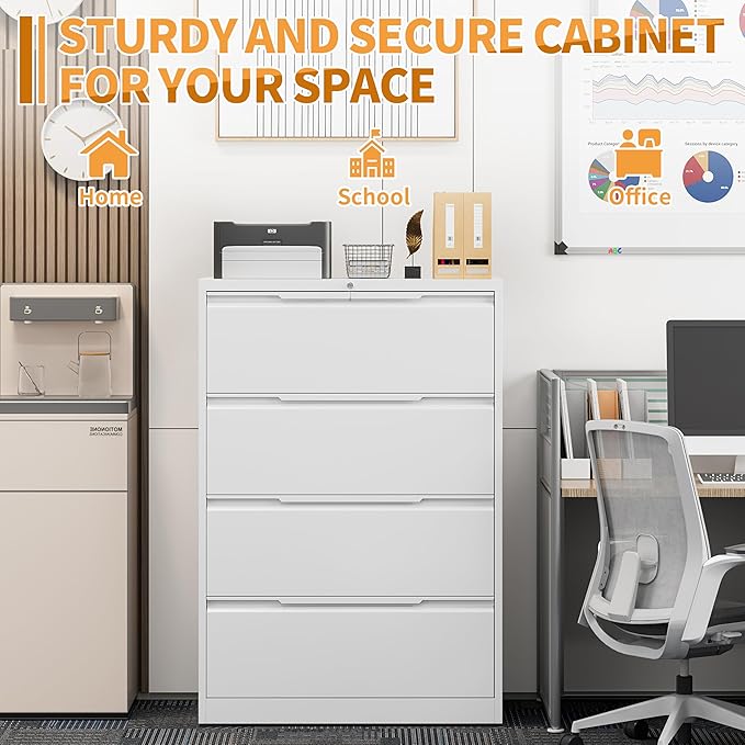 4-Drawer Metal File Cabinet with Lock,Steel Printer Stand with Storage for Home Office,Lateral Filing Cabinet for Legal/Letter/A4 Files,Assembly Required(35.43''W-4 Drawers,White)