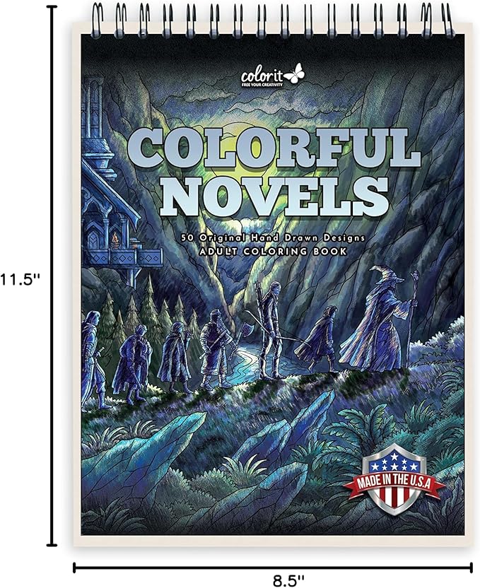 ColorIt Colorful Novels Adult Coloring Book to Relieve Stress, 50 Original Drawings from Classic Books, Spiral Binding, Perforated Pages, USA Printed, Lay Flat Hardback Book Cover, Ink Blotter Paper