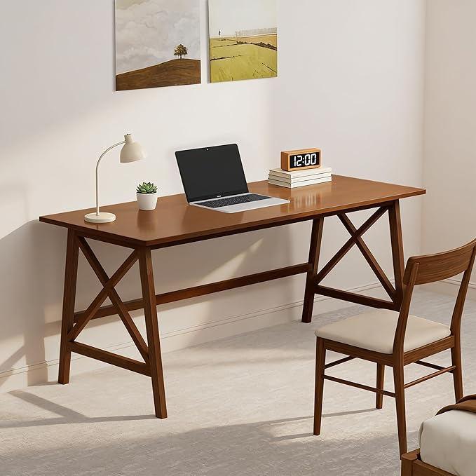 Modern Solid Wood Desk - 60" Simple Computer Table for Home Office Study Writing Workstation in Walnut, 60" W x 24" D