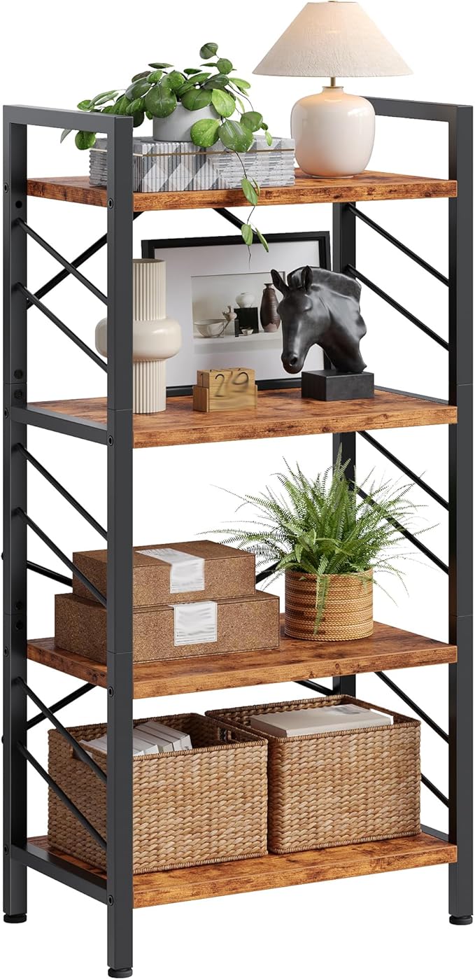 4 Tier Bookshelf, Industrial Bookcase with Metal Frame and Sidebars, Small Bookshelf for Bedroom, Home Office and Living Room, Rustic Brown