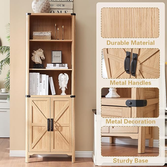 71" Tall Bookshelf, 5 Tier Bookcase with Adjustable Shelves and Barn Doors,Natural Wood Farmhouse Bookshelf with Storage Cabinet,Wood Freestanding Display Bookshelves for Bedroom,Living Room