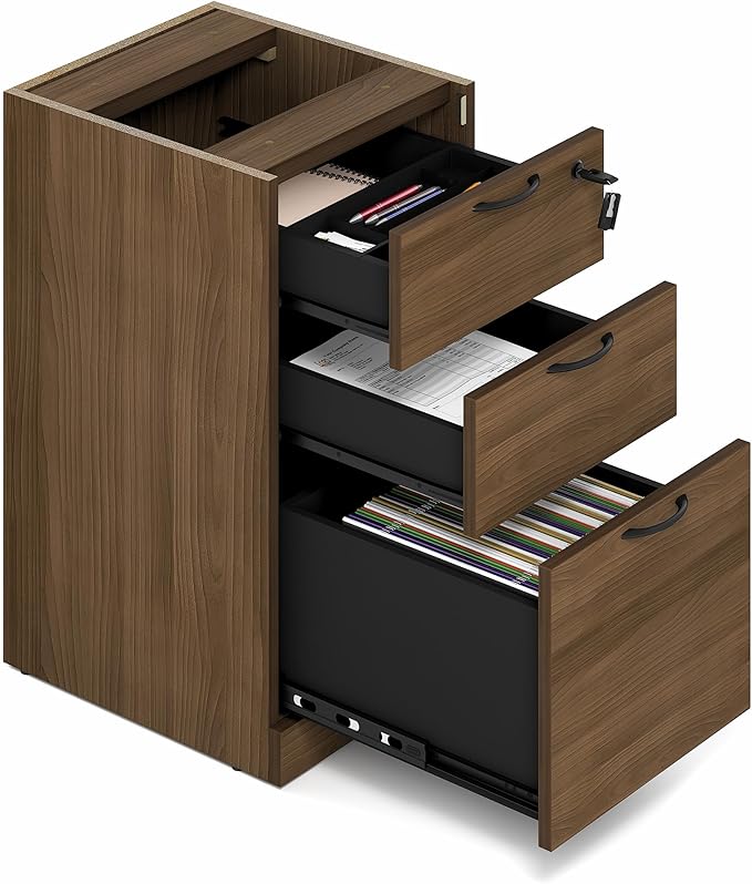 Furinno Roger 60 Inch Executive Desk with File Cabinet, Home Office Desk with 3-Drawer Fixed Pedestal Filing Cabinet, Desk Cord Grommet, for Home Office, Modern Walnut