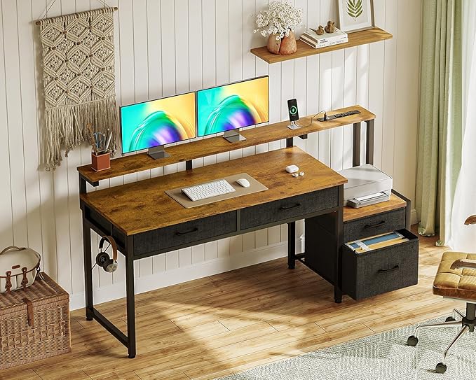 AODK Computer Desk with 4 Drawers, 55 Inch Office Desk with Printer Shelf & Built-in Power Outlet, Work Desk with Monitor Shelf for Home Small Spaces, Rustic Brown
