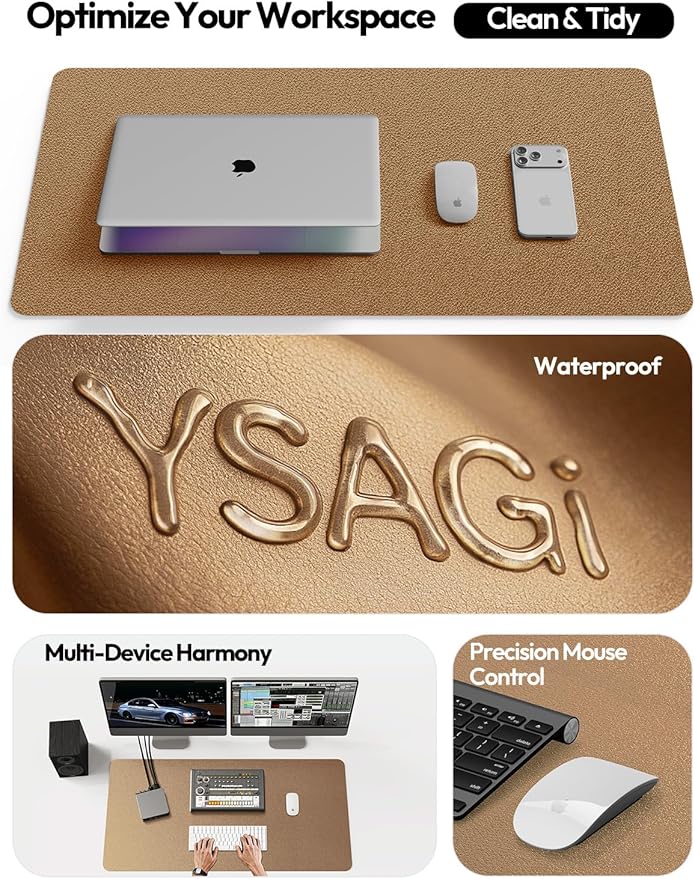 YSAGi Leather Desk Protector, Office Mat, Large Mouse Mat, Non-Slip PU Leather Blotter, Laptop Desk, Waterproof Writing Pad for Office and Home (Bronze, 35.4" x 17")