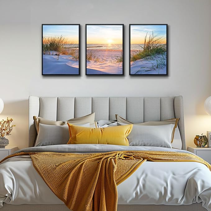 Black Framed Beach Wall Art Set - Blue Seascape Paintings for Living Room, Bedroom & Office - 12"X16" Each