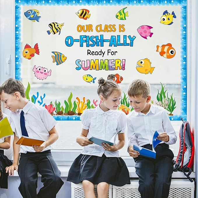 Summer Ocean Sea Bulletin Board Decorations O-Fish-Ally Ready for Summer Theme Classroom Back to School Bulletin Board Border Set Tropical Marine Fish Paper Cutouts for School Home Decor