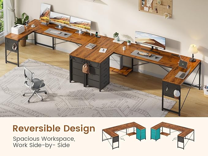 L Shaped Desk, 67" Reversible Computer Desk with 4 Fabric Drawers and Power Outlet, Corner U Shaped Desk with Shelf and Pegboard for Home Office, Rustic Brown