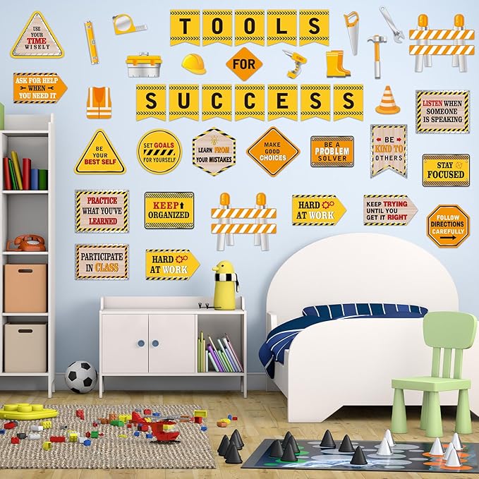 Outus 47 Pcs Construction Bulletin Board Set Construction Cutouts Tools for Success Classroom Decorations for Kid Students Back to School Gifts Birthday Party Supplies