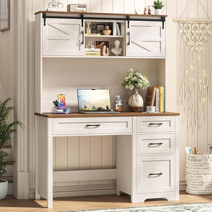 Farmhouse 67" H Executive Desk with Hutch,Office Table with LED light and 4 Drawers,Computer Desk with Charging Station,File Drawers and Storage Cabinet,Workstation for Home Office.Unique White