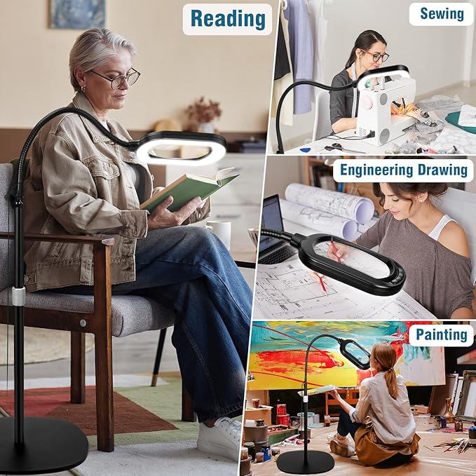 Large Magnifying Glass with Light and Stand, 10X Rectangle Optical Real Glass Lens, Height Adjustable Gooseneck Magnifier Floor Lamp, 5 Color Modes LED Dimmable Lighted Hands Free for Close Work Craft