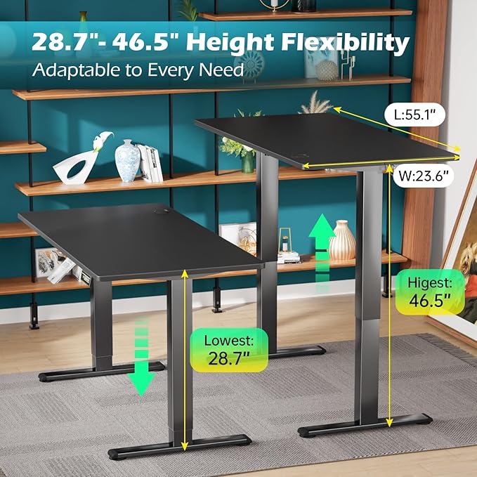 PayLessHere Height Adjustable Electric Standing Desk 55 inches Modern Computer Desk Sit Stand up Desk for Home Office Ergonomic Adjustable Standing Table Computer Desk with Headphone Hook, Black