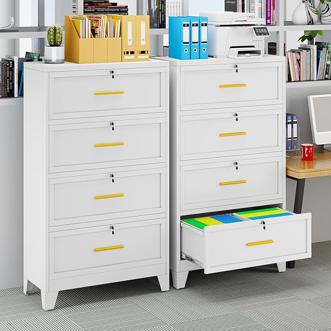 4 Drawer File Cabinet with Lock, Metal Lateral File Cabinets for Home Office, Steel Wide Filing Organization Storage Cabinets, Home Office Furniture for Hanging Files Letter/Legal/F4/A4 Size